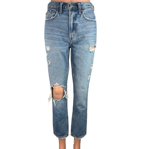 Abercrombie & Fitch Mom Jean Women's Blue High Rise Distressed Ankle Jeans Sz 2 - Picture 1 of 5